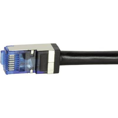 Gros plan d'une prise RJ45 bleue sur un câble noir, utilisée pour les connexions réseau.