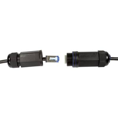 Une fiche Ethernet est branchée dans une prise étanche. La fiche est bleue, la prise est noire et cylindrique.