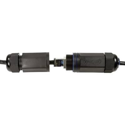 Un connecteur noir bipolaire est ouvert, montrant ses bornes de contact internes. Utilisé pour les connexions électriques.