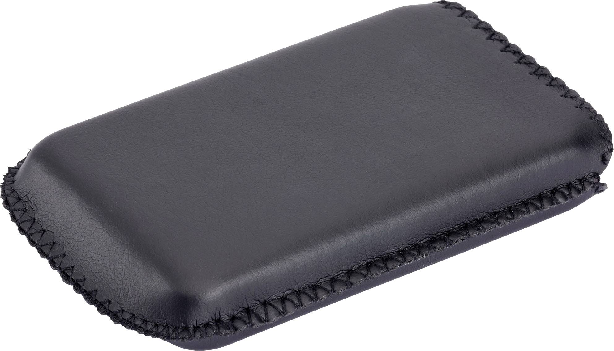 Étui rectangulaire noir en cuir avec coutures sur les bords, destiné à ranger de petits objets ou des cartes.