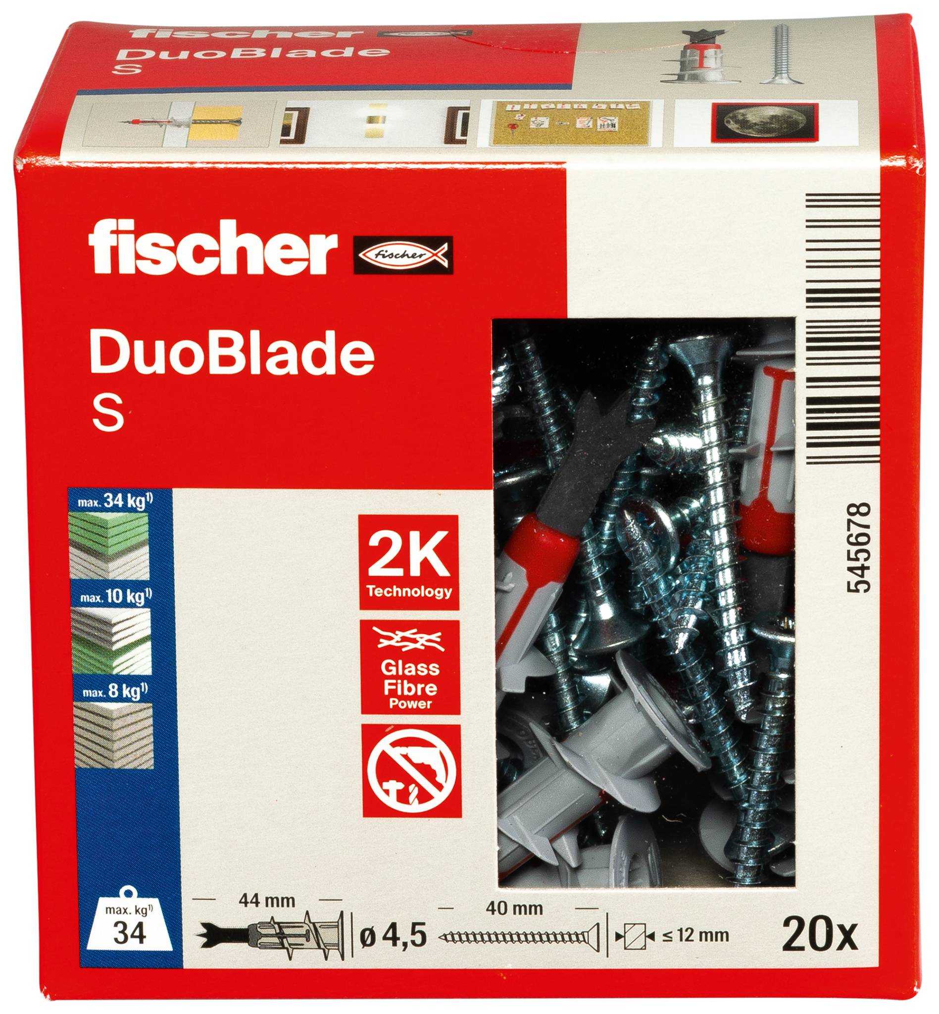 Boîte de chevilles et vis pour cloison sèche Fischer DuoBlade S, montrant l'image du produit, 20 pièces, 44 mm, 4,5 mm et capacité de charge jusqu'à 34 kg.
