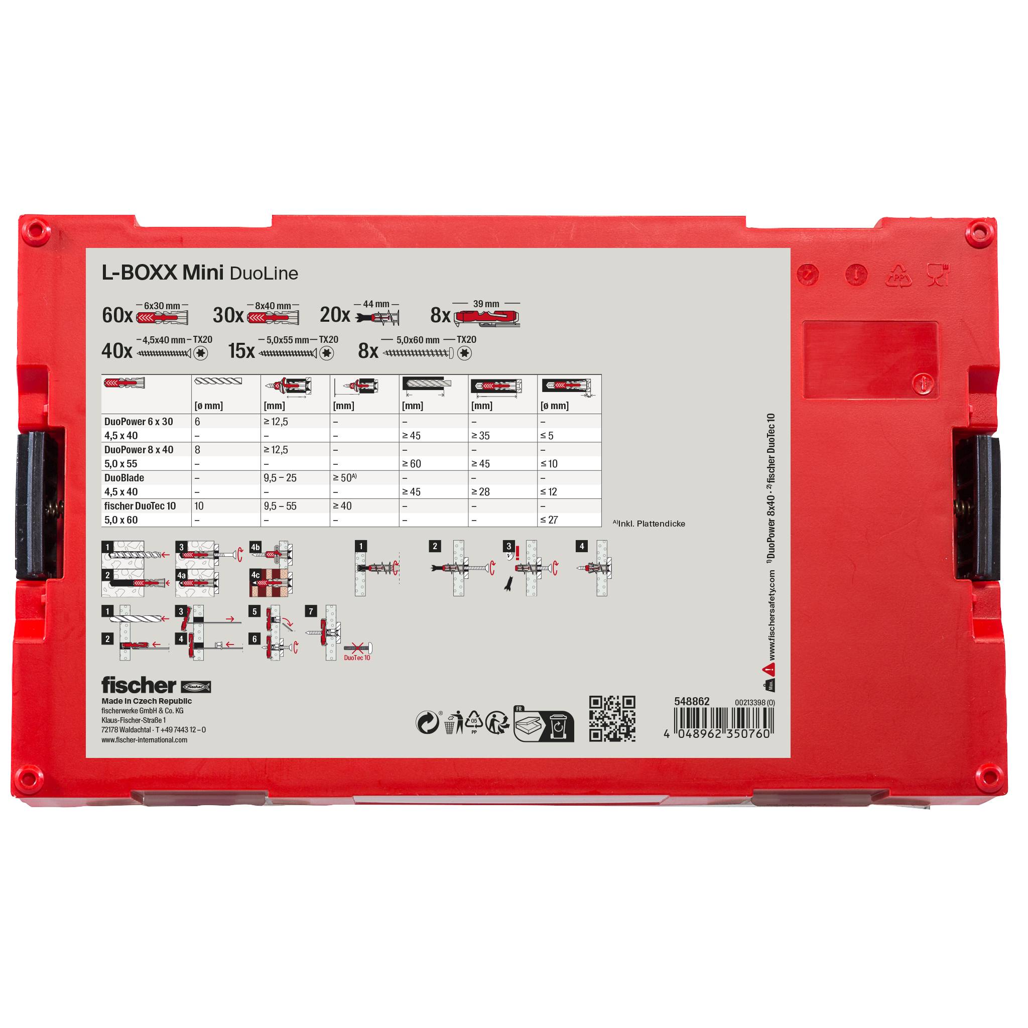 Coffret L-BOXX Mini DuoLine de Red Fischer avec un tableau d'assortiment étiqueté pour chevilles, vis et diamètres de forage sur le couvercle.