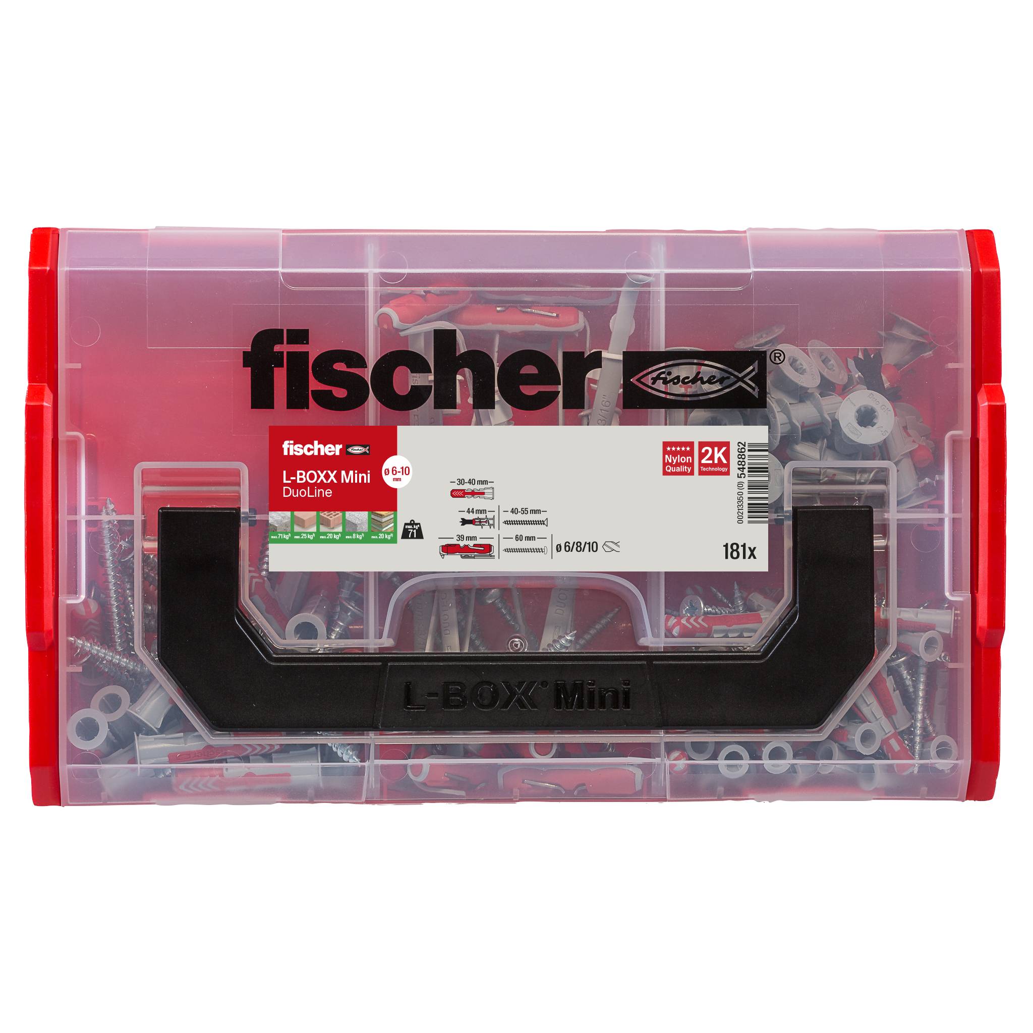Boîtier organisateur Fischer L-Boxx Mini de couleur rouge transparent contenant un assortiment de vis et de fixations, étiqueté « fischer » et « L-BOXX Mini DuoLine ».
