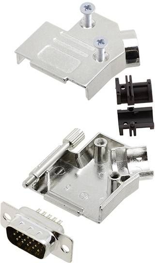 Boîtier métallique pour un connecteur D-Sub avec des vis et des clips en plastique pour la fixation du câble, présenté en pièces détachées.