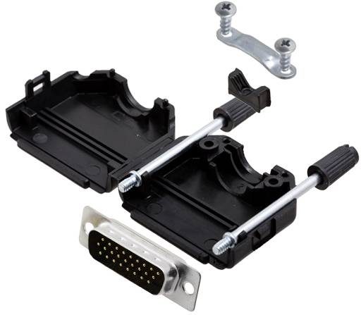 'Boîtier de connecteur avec vis pour connecteur D-Sub 15 broches, adapté pour assurer une connexion sécurisée des câbles dans les appareils électroniques.'