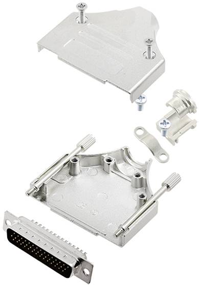 Boîtier de connecteur métallique, présenté en vue éclatée avec couvercle, base, vis et pièce de raccordement de câble.