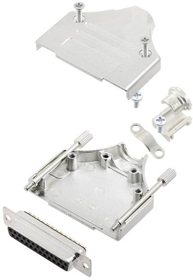Connecteur D-Sub désassemblé avec composants de boîtier, vis et connecteur, montrant les pièces individuelles et leur disposition.
