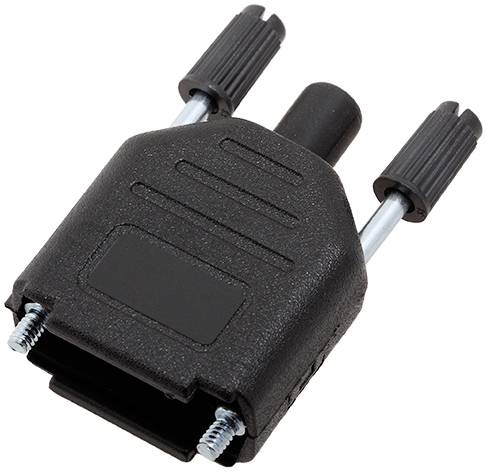 Un connecteur noir en plastique avec deux vis de fixation et deux boutons moletés en haut pour une connexion sécurisée.