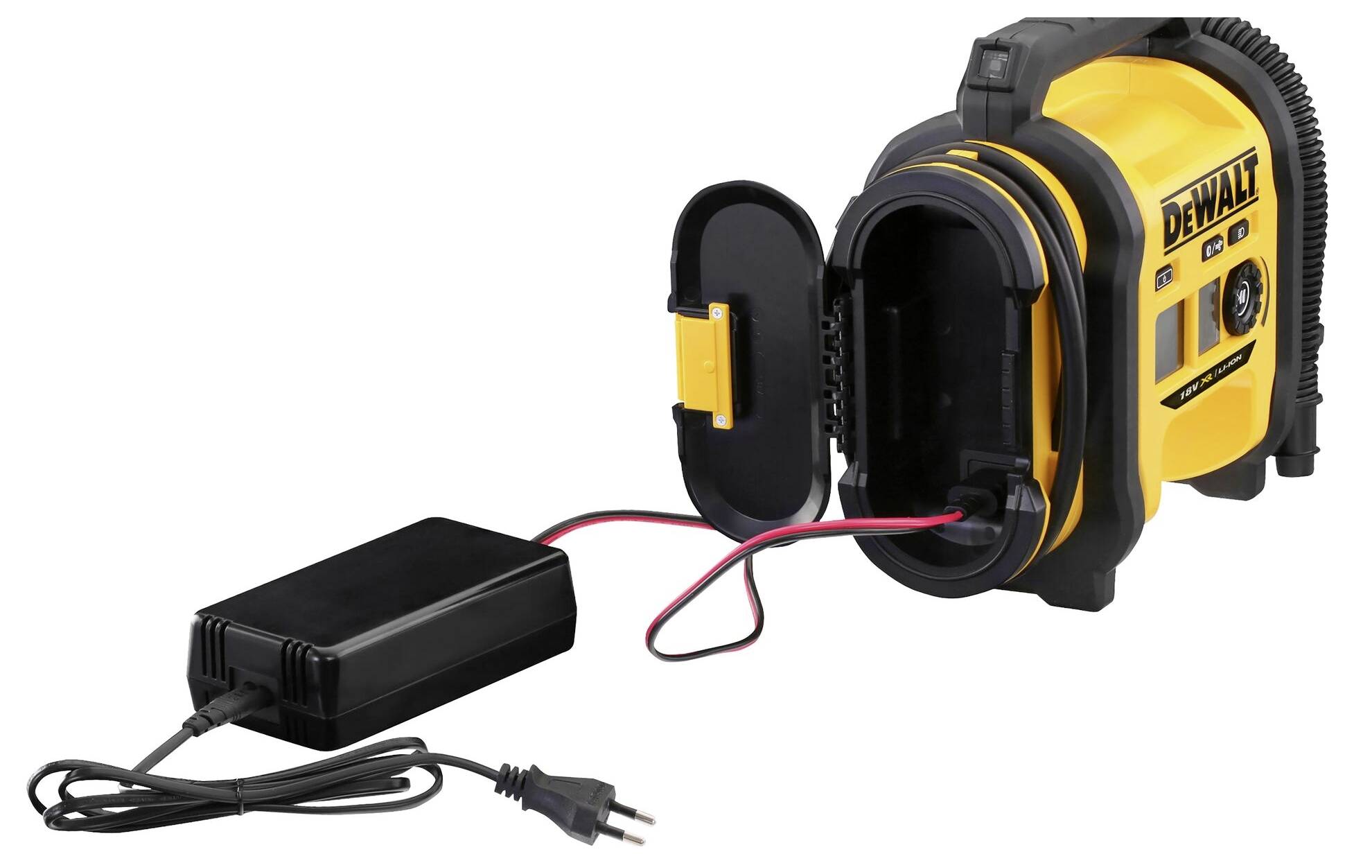 Un compresseur portable jaune et noir avec un tuyau et un câble d'alimentation, adapté pour gonfler des pneus ou des équipements sportifs.