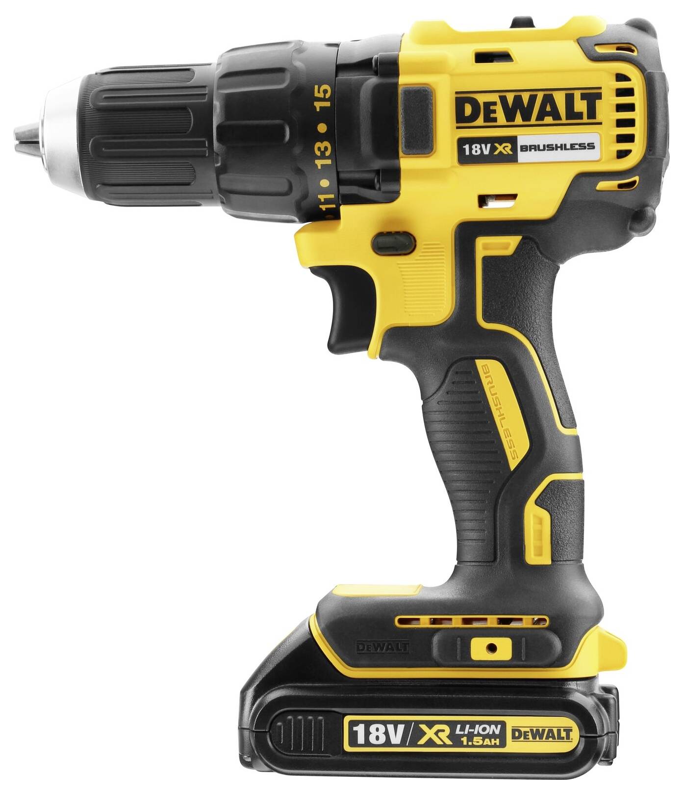 Visseuse sans fil, noir et jaune, avec l'inscription 'DeWalt', 18V, moteur sans balais. Idéale pour les projets de construction et les travaux de bricolage.