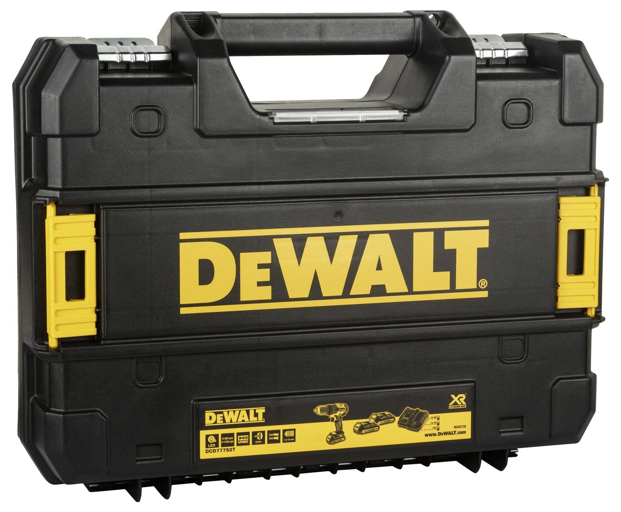 Mallette à outils noire avec logo jaune 'DEWALT', poignée robuste et fermoirs. Conçue pour le rangement sécurisé des outils.