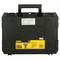 Coffret à outils noir de la marque DeWalt avec une étiquette jaune affichant les numéros de modèle et les certificats de sécurité pour une perceuse-visseuse sans fil.