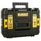 Valise à outils DeWalt noire avec des détails jaunes, comprenant un visuel de visseuse sans fil, et des logos, adaptée au rangement sécurisé des outils.