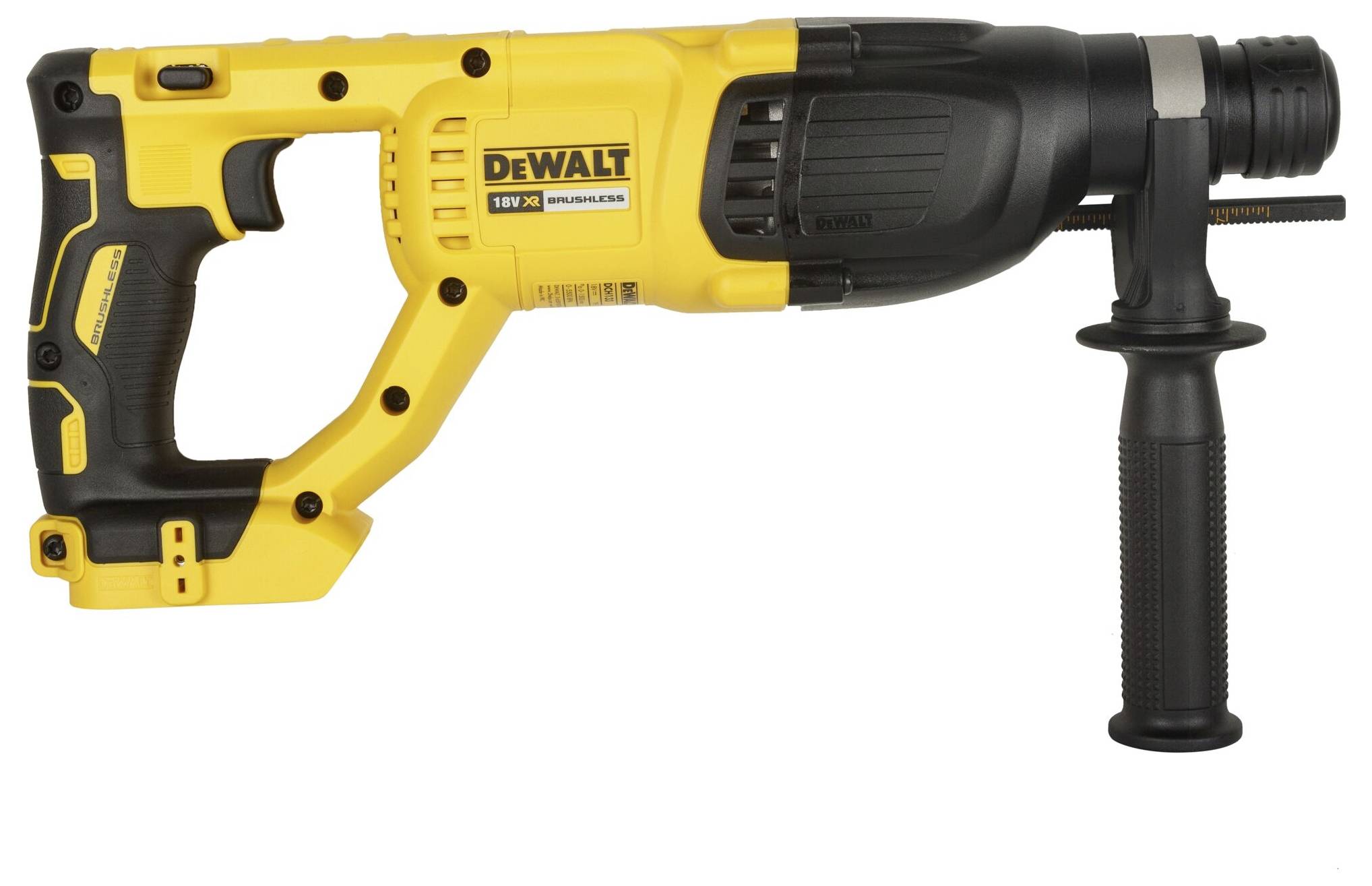 Marteau perforateur électrique jaune et noir avec poignée supplémentaire, adapté aux travaux de construction professionnels.