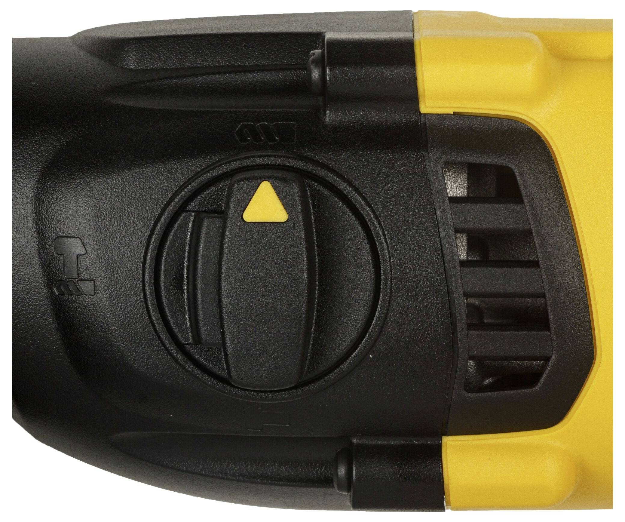 Appareil portatif noir et jaune avec un commutateur rotatif et un triangle jaune sur la face avant. Ouvertures de ventilation sur la droite.