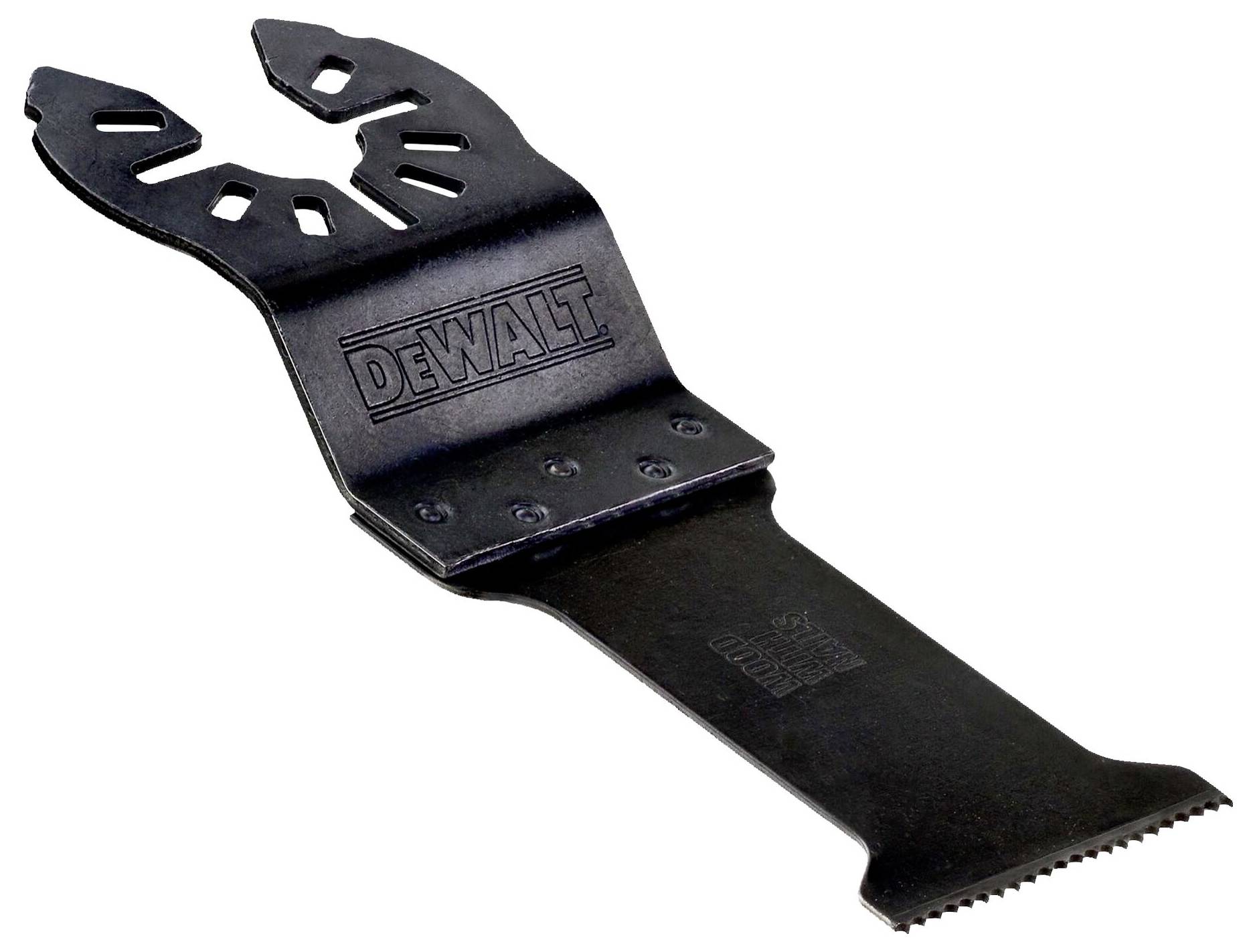 Lame de scie multifonction noire portant le logo 'DeWalt'.