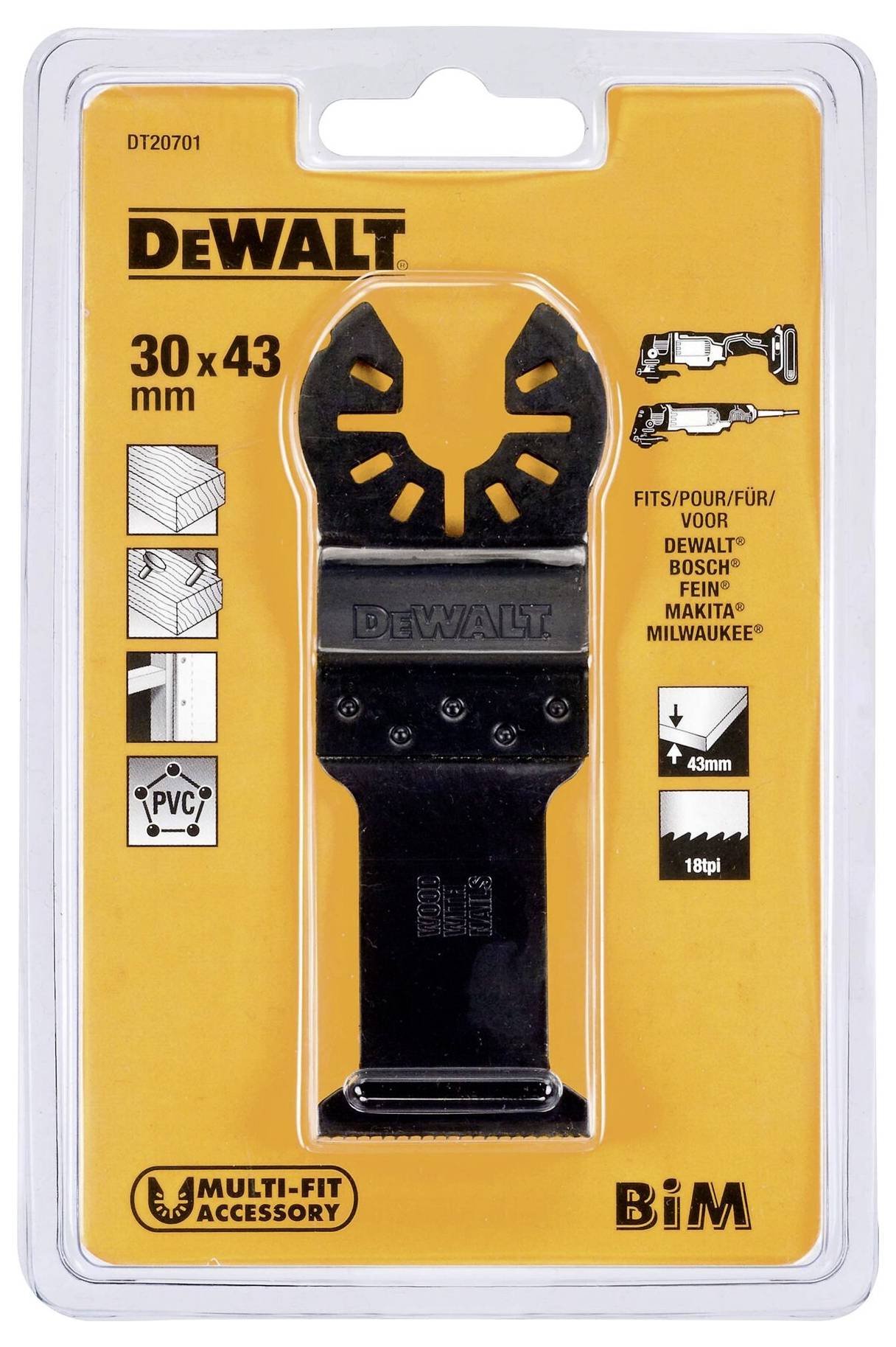 Emballage d'une lame de scie DeWalt, 30 x 43 mm, compatible avec différentes marques. Présente des symboles pour les matériaux de coupe : bois, PVC et métal.