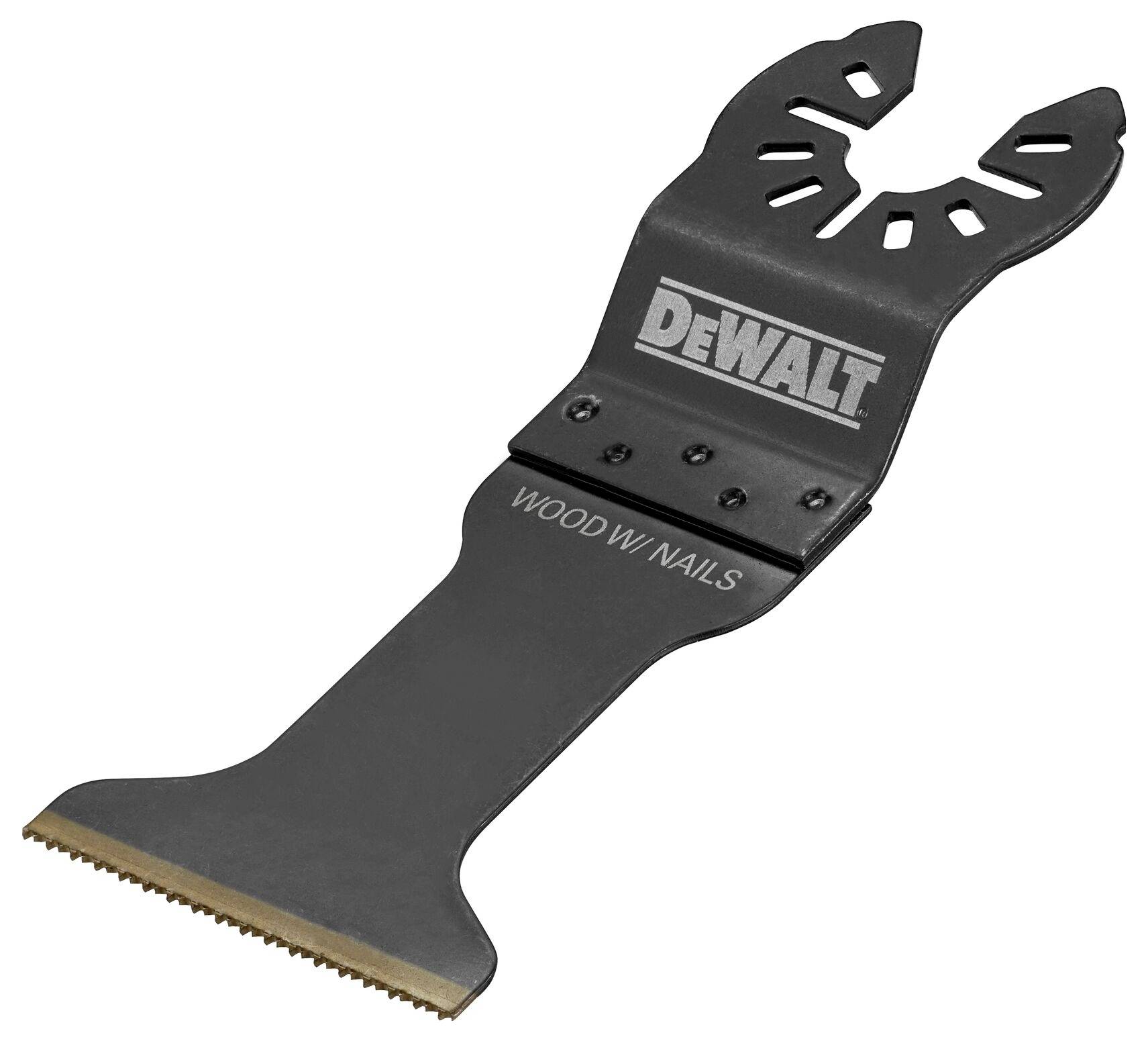 Lame d'outil multifonction DeWalt, adaptée pour couper du bois avec des clous.