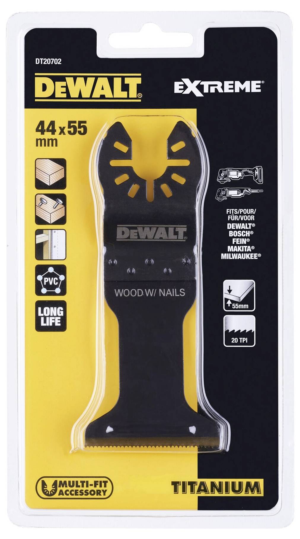 'Lame de scie DeWalt Extreme, 44x55 mm, pour bois avec clous, PVC, Titane.'