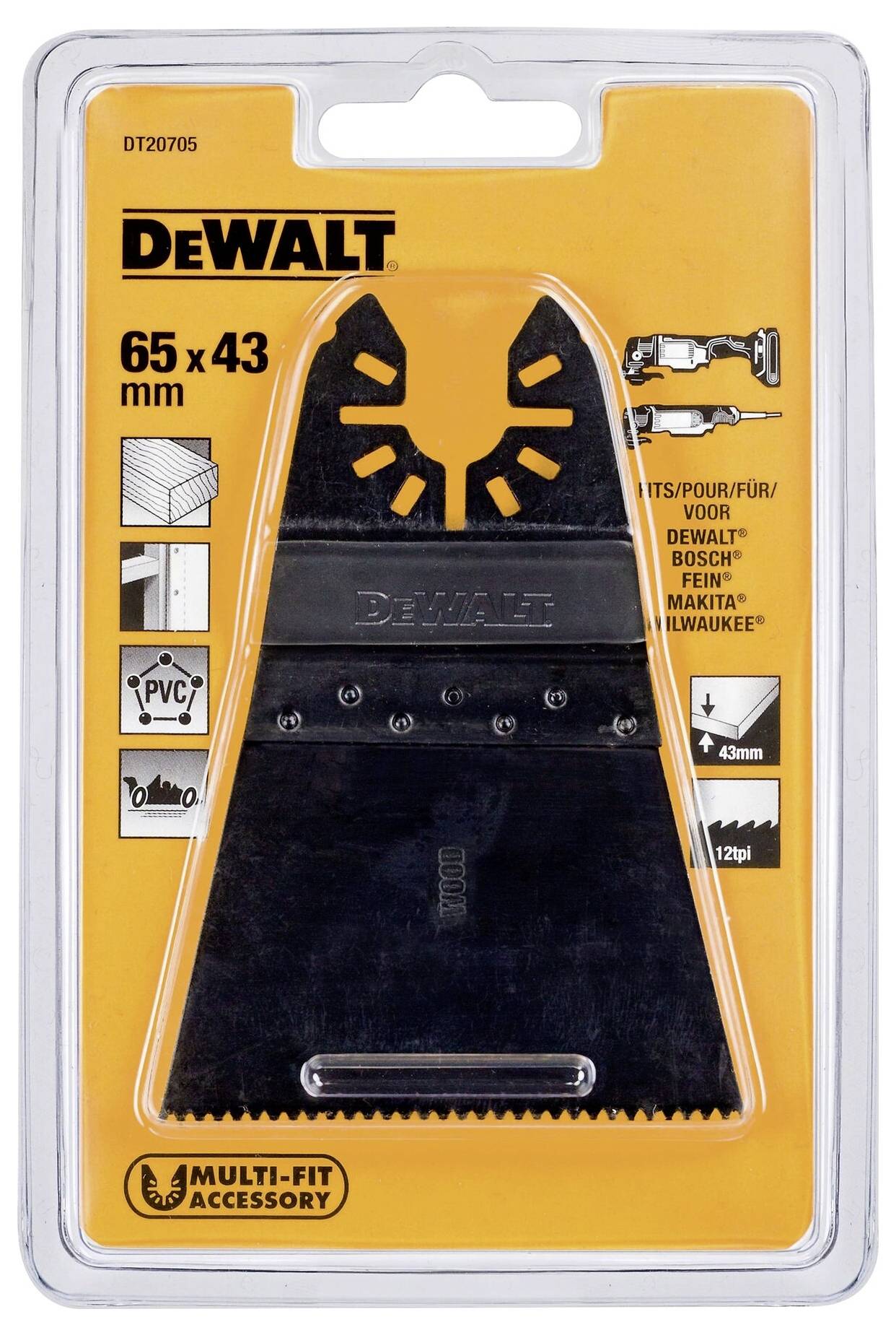 Emballage de lame de scie multifonction DeWalt, compatible avec plusieurs marques, adapté pour PVC et bois, 65 x 43 mm.