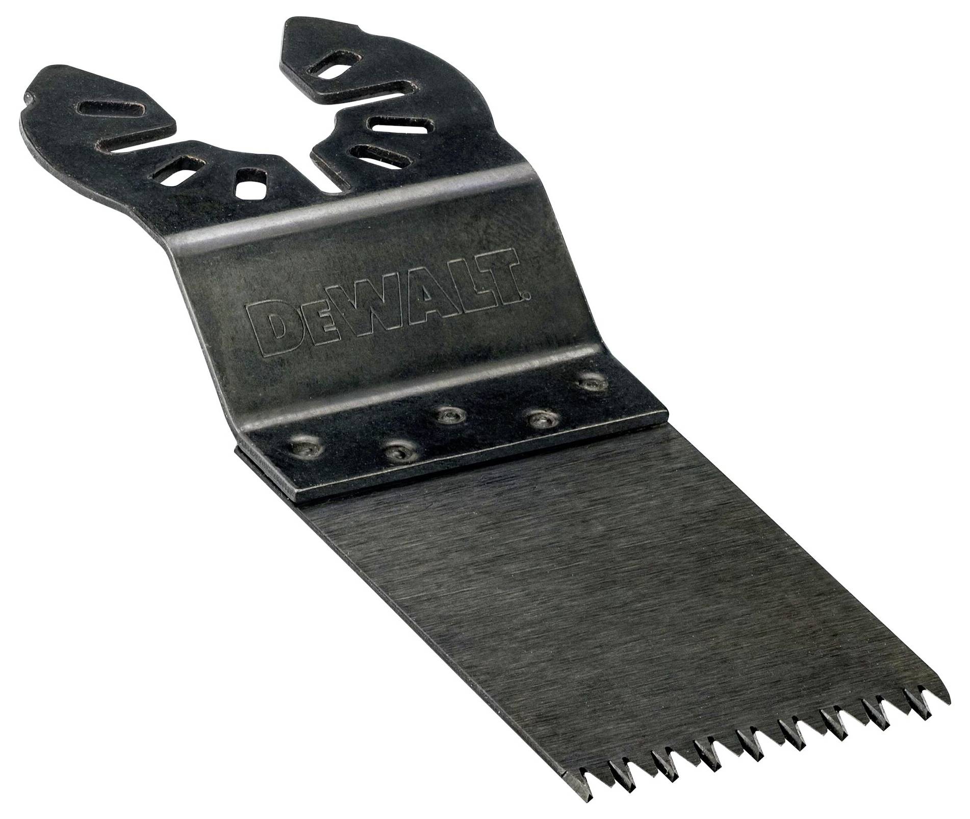 Accessoire multifonction métallique de DEWALT avec bord dentelé, adapté pour couper et poncer avec précision.