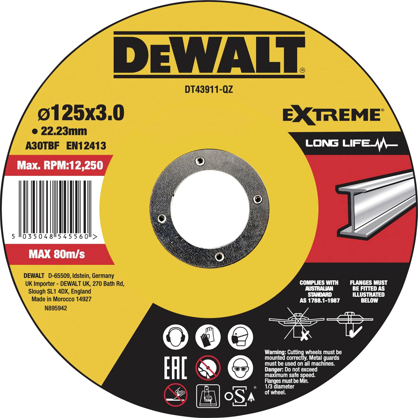 Disque à tronçonner 'DeWalt', Ø125x3,0 mm, vitesse max. 80 m/s, tr/min max : 12 250. Adapté pour les poutrelles en acier. Fabriqué en Allemagne.