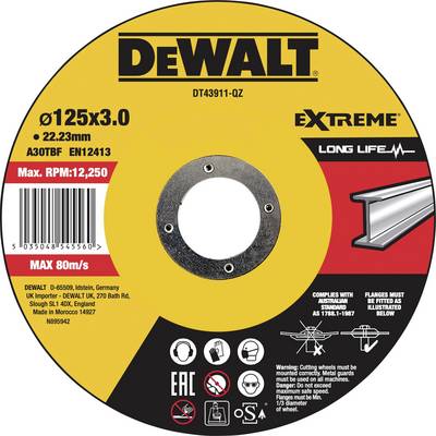 Disque à tronçonner 'DeWalt', Ø125x3,0 mm, vitesse max. 80 m/s, tr/min max : 12 250. Adapté pour les poutrelles en acier. Fabriqué en Allemagne.