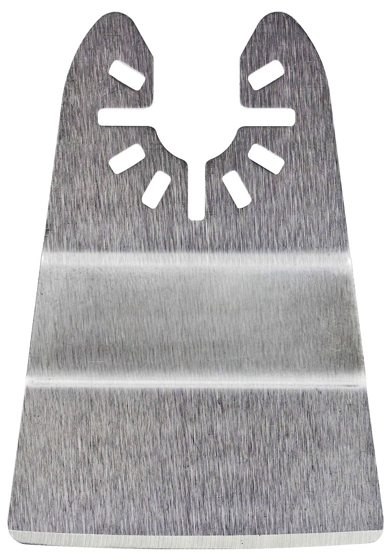 Lame de scie multifonction métallique pour outils oscillants, de forme trapézoïdale avec un tranchant inférieur acéré, adaptée à la coupe du bois et des matières plastiques.
