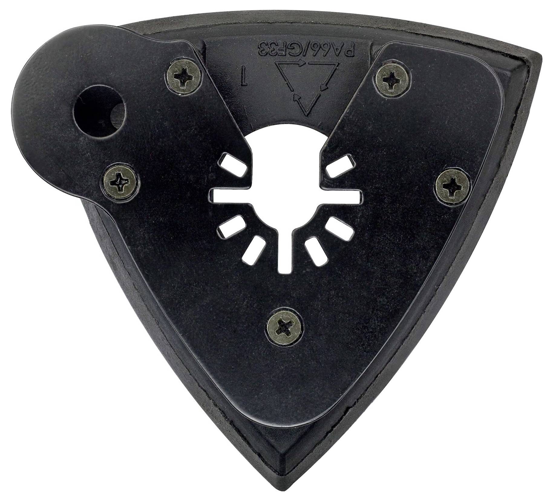 Plateau de ponçage triangulaire avec vis métalliques et motif de trous, conçu pour être fixé sur un appareil de ponçage.