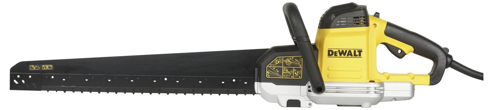 Scie sabre électrique, jaune et noire, marque 'DeWalt'. Adaptée pour des coupes précises dans les travaux de construction et de rénovation.