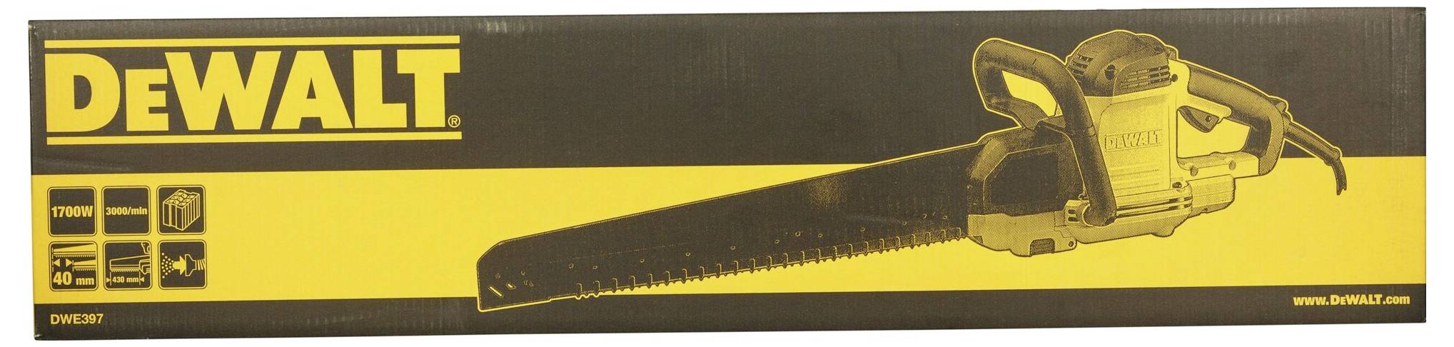 Un emballage de la marque DeWalt présente une scie électrique. Des graphiques mettent en évidence ses fonctionnalités, notamment sa puissance et la longueur de la lame.