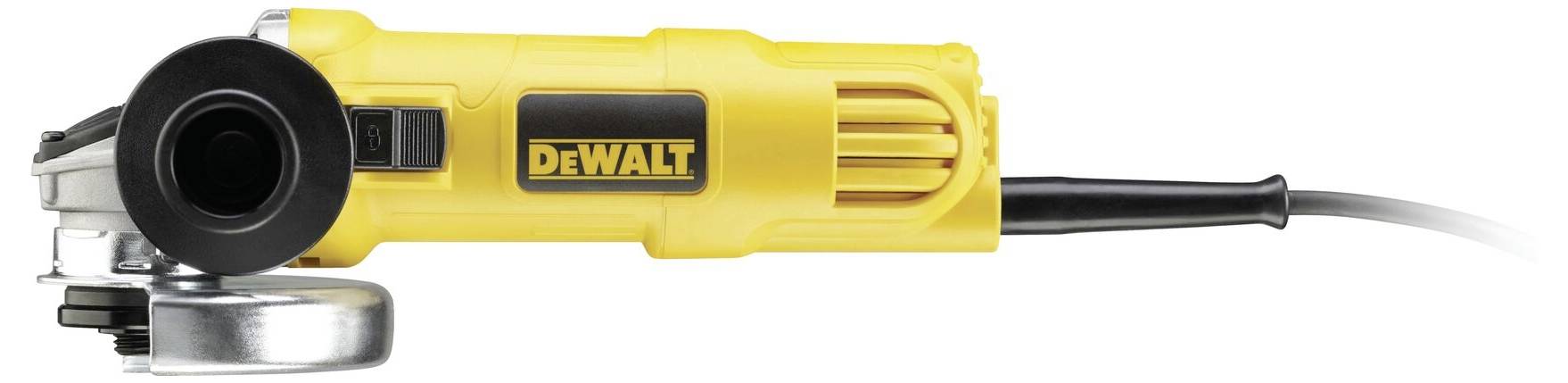 Un meuleuse d'angle jaune de la marque DeWalt, posée de côté. Son câble est visible. Adapté pour les travaux de meulage et de découpe.