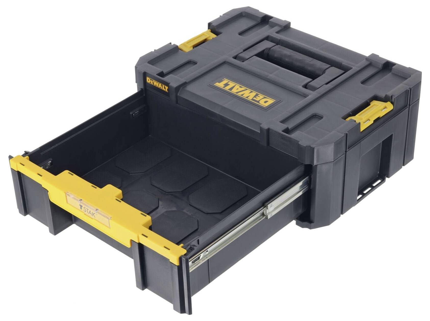 Un coffret à outils noir avec des éléments jaunes et un tiroir ouvert. Le logo de la marque bien visible.