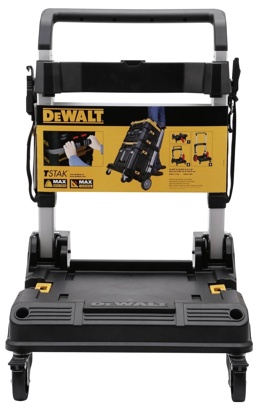Un chariot à outils noir et mobile de la marque DeWalt. L'affichage présente le système TSTAK et la capacité de charge.
