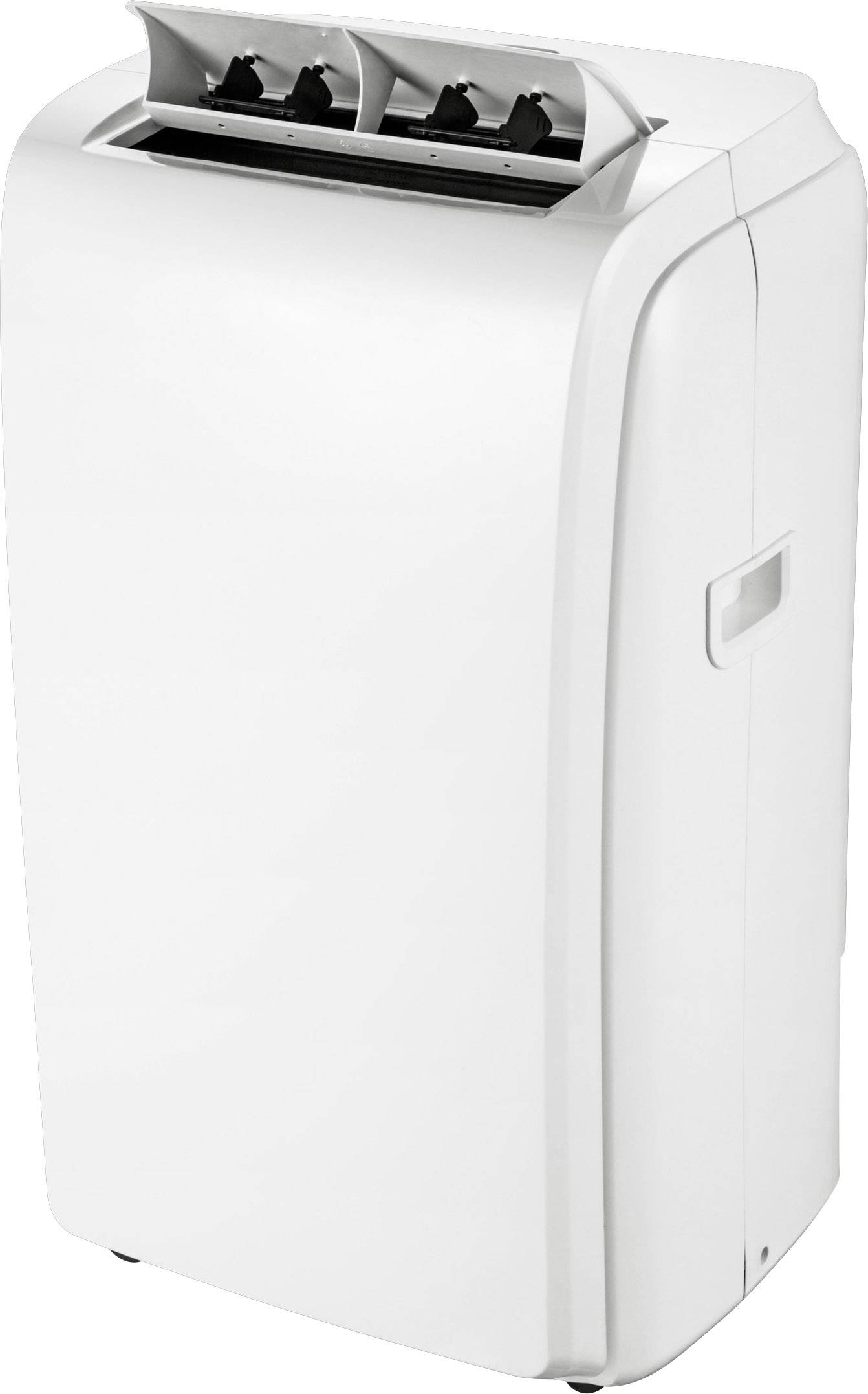 Climatiseur portable blanc, sur pied, avec des fentes de ventilation visibles en haut, adapté pour rafraîchir une pièce.