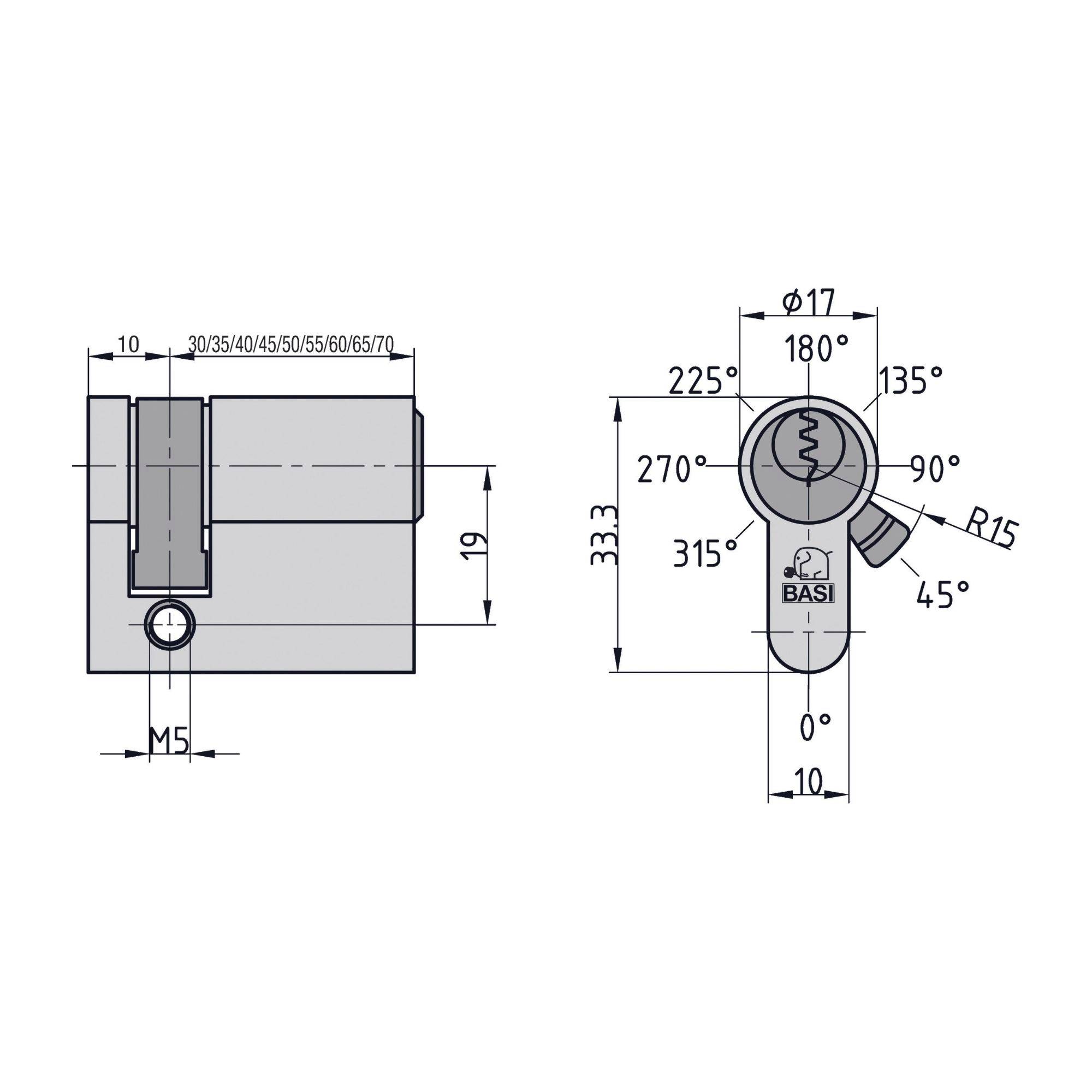 Dessin technique d'un cylindre profilé avec cotes. Présente une vue latérale et une vue de dessus, incluant les angles et les dimensions.