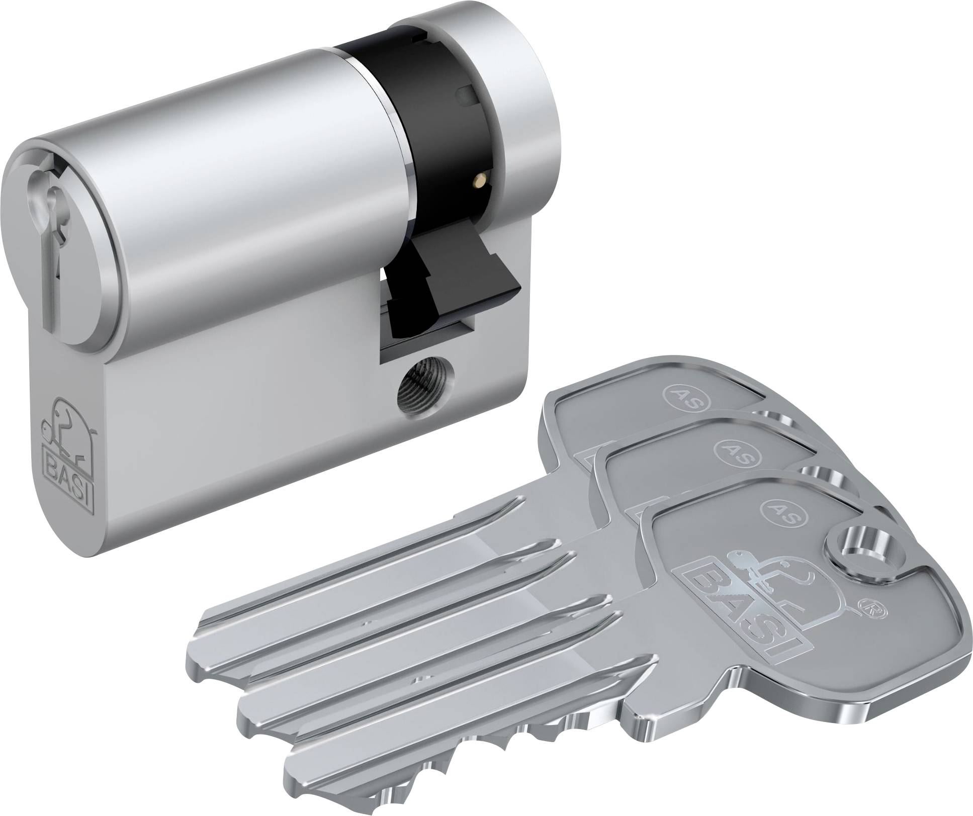 Un cadenas cylindrique en argent et une clé assortie avec le logo de marque « BASI » visible sur les deux articles.