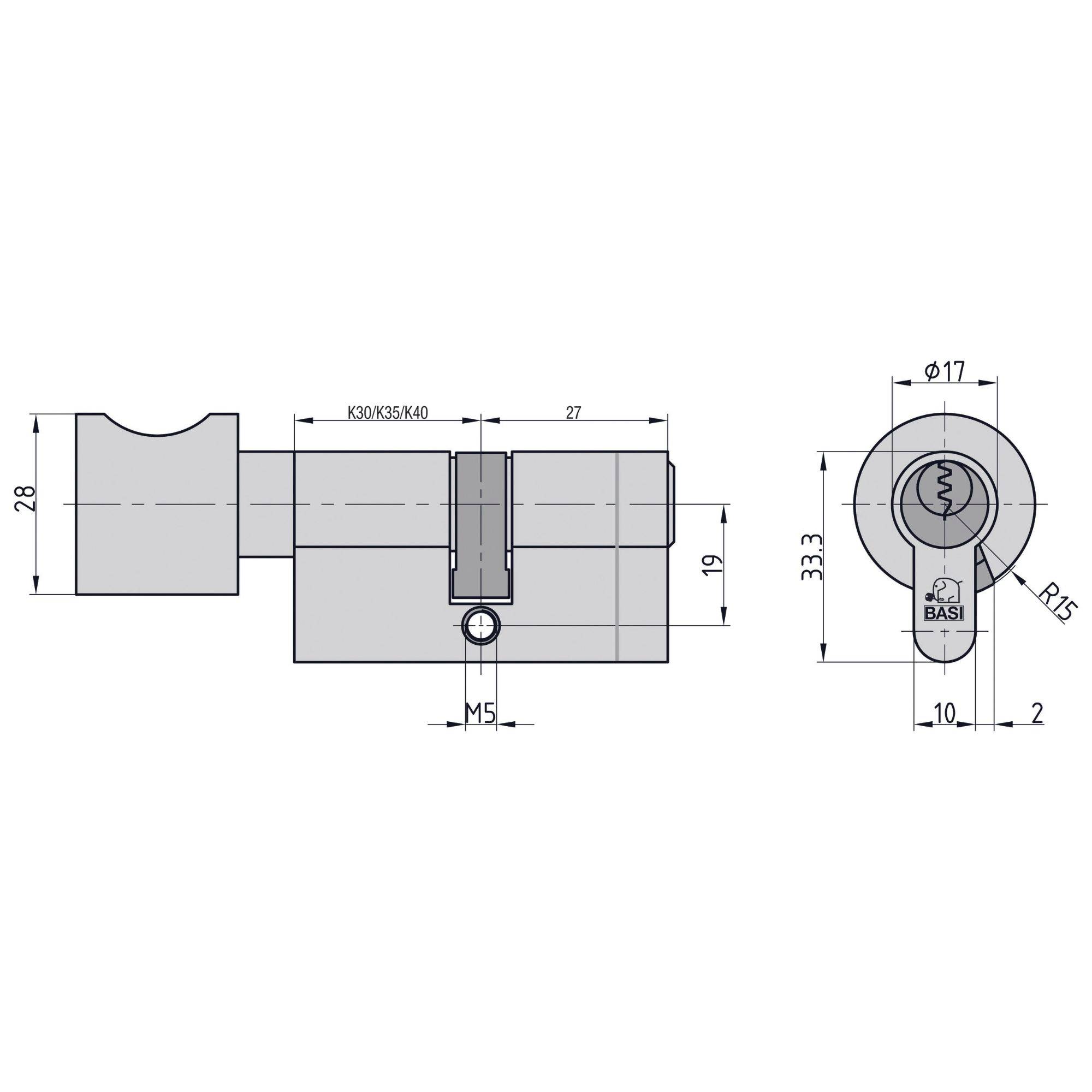 Dessin technique d'un cylindre de serrure, vue latérale et frontale, avec dimensions et indications sur la forme et la taille du cylindre.