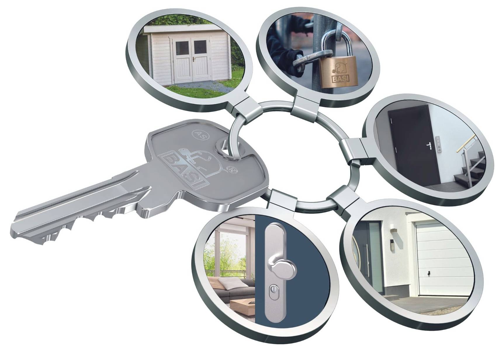 Une clé est connectée à cinq cercles montrant différents scénarios : cabane de jardin, cadenas, porte d'entrée, poignée de fenêtre, porte de garage.