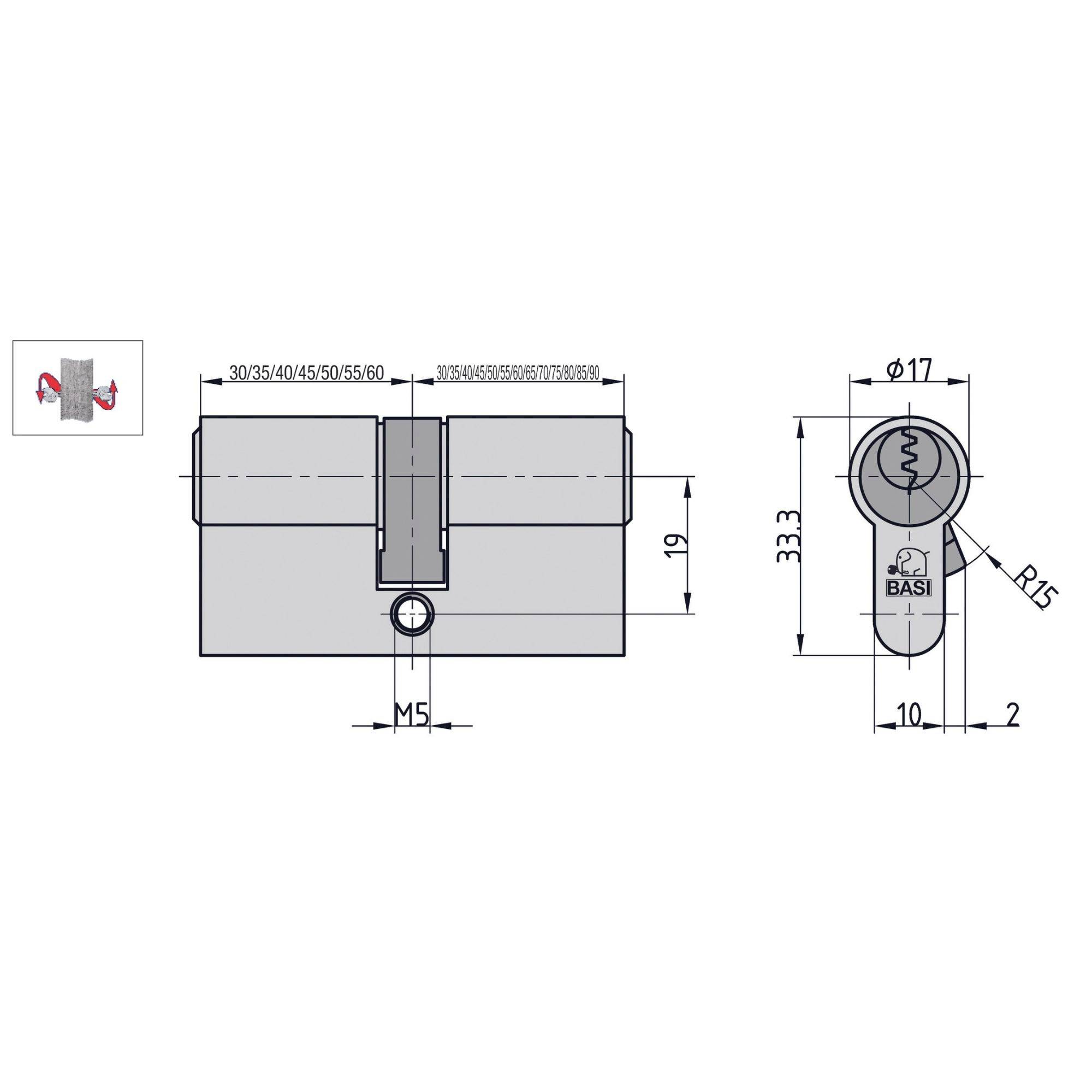 Dessin technique d'un cylindre profilé avec ses dimensions : longueur 30-50 mm, diamètre 17 mm, et hauteur 33,3 mm.