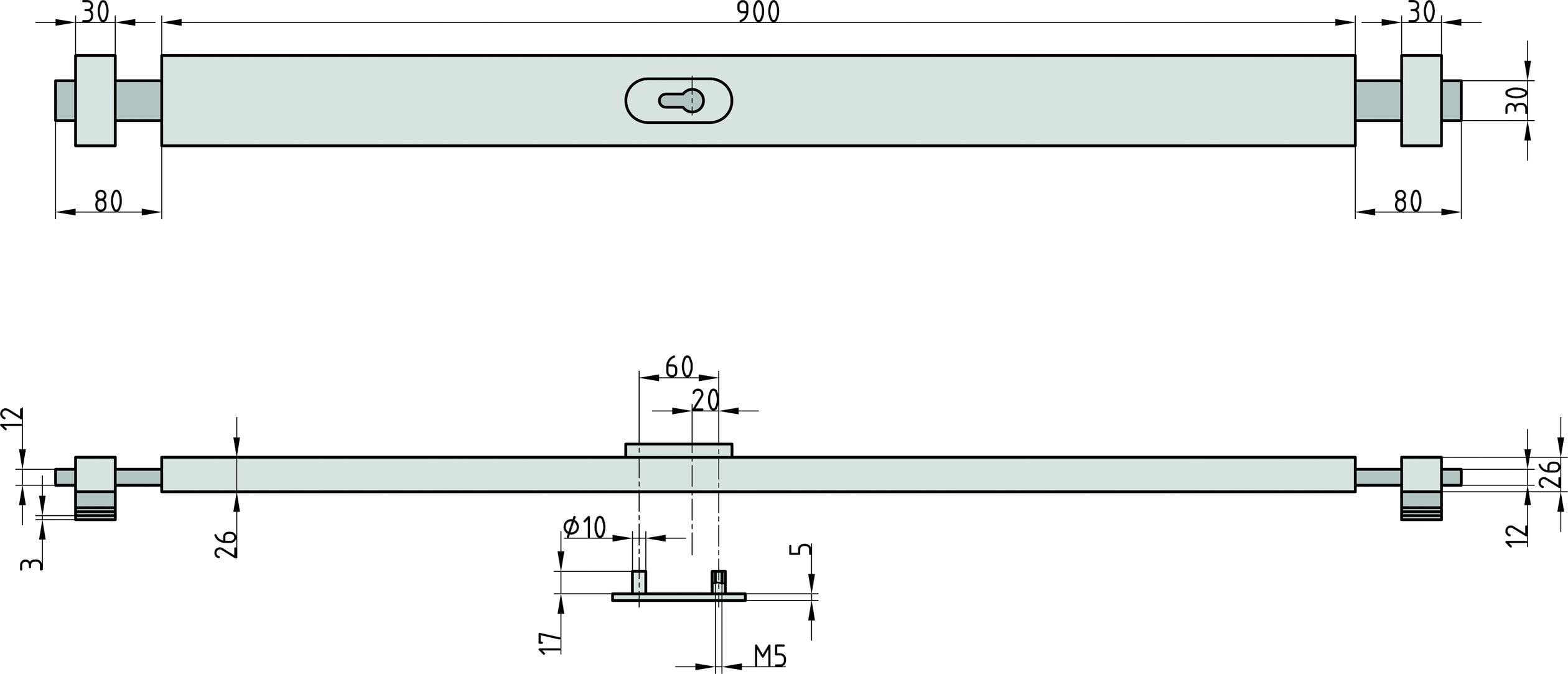 Dessin technique d'une tige métallique. Dimensions indiquées en haut et en bas : longueur 900 mm, largeur 30 mm, hauteur 12 mm.