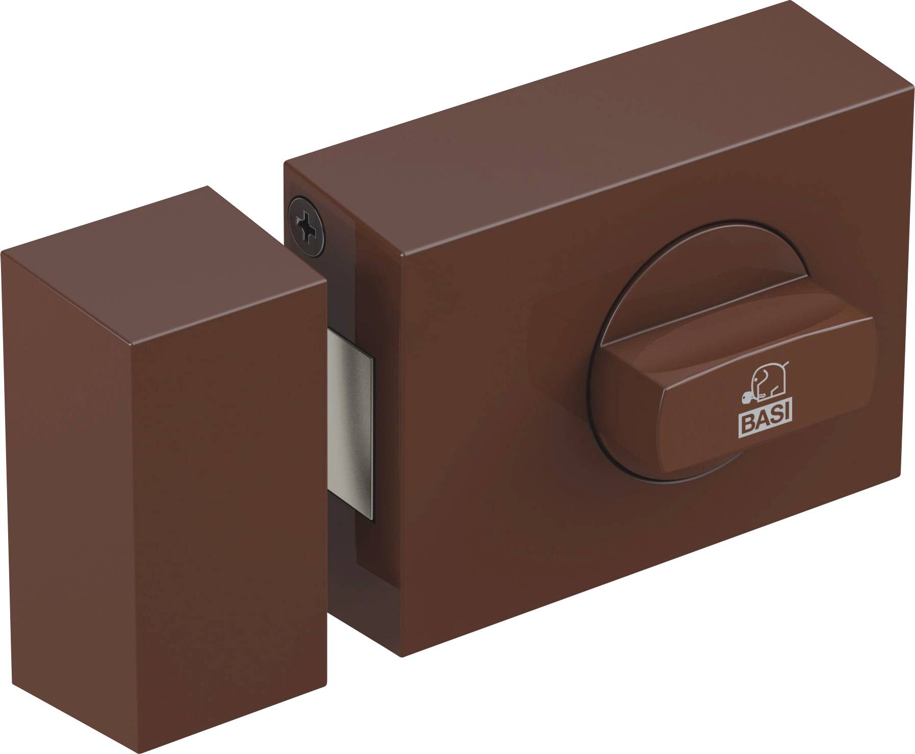 Serrure de porte rectangulaire marron avec bouton tournant, affichant le logo de marque « Basi ».