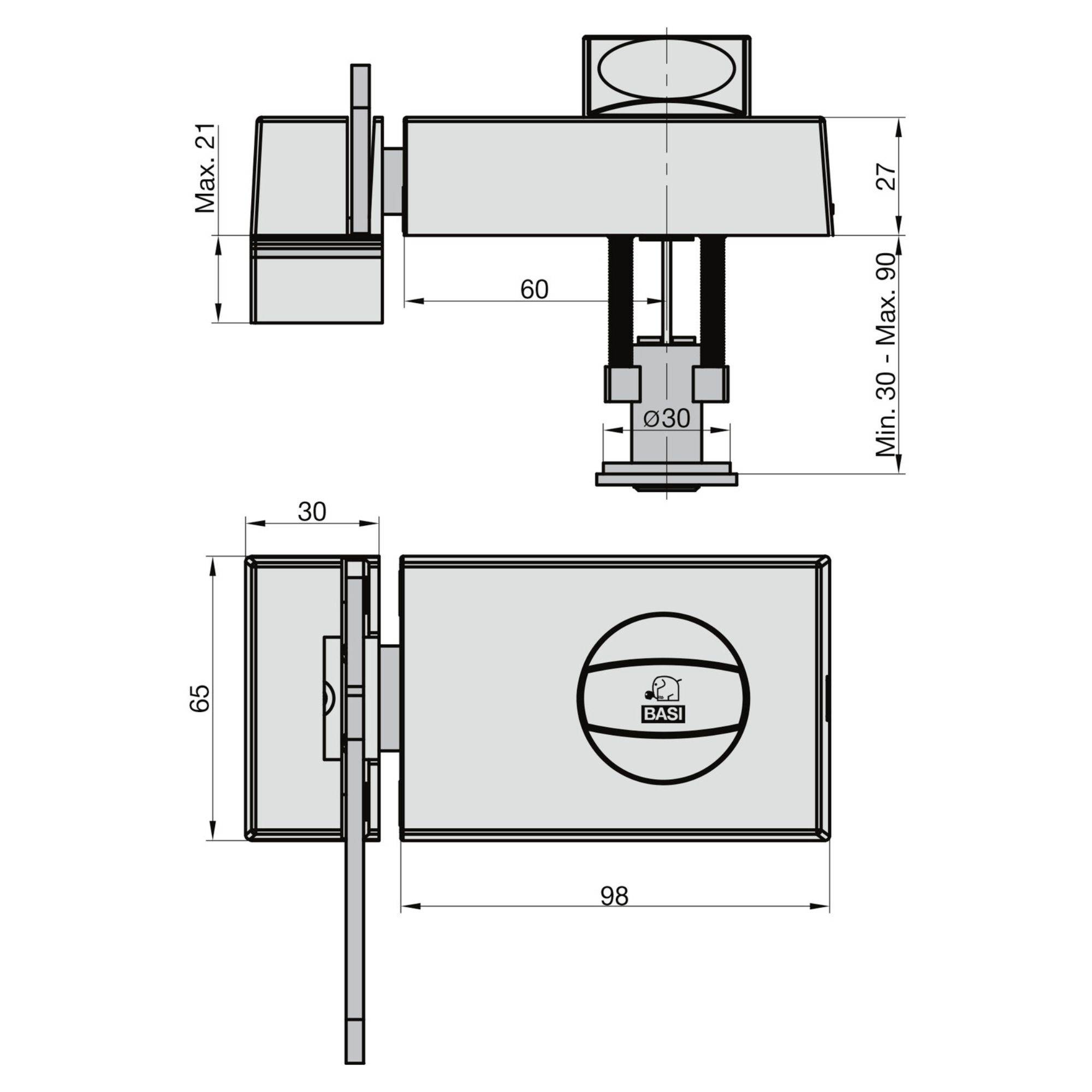 Dessin technique d'une serrure à boîtier BASI avec dimensions : 98 mm de longueur, 65 mm de hauteur et 30 mm de diamètre de cylindre.