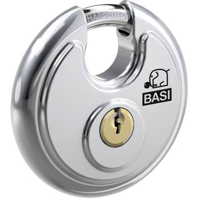 Un cadenas rond en argent avec un cylindre doré. Sur la face avant, on peut voir le logo avec un éléphant et l'inscription 'Basi'.