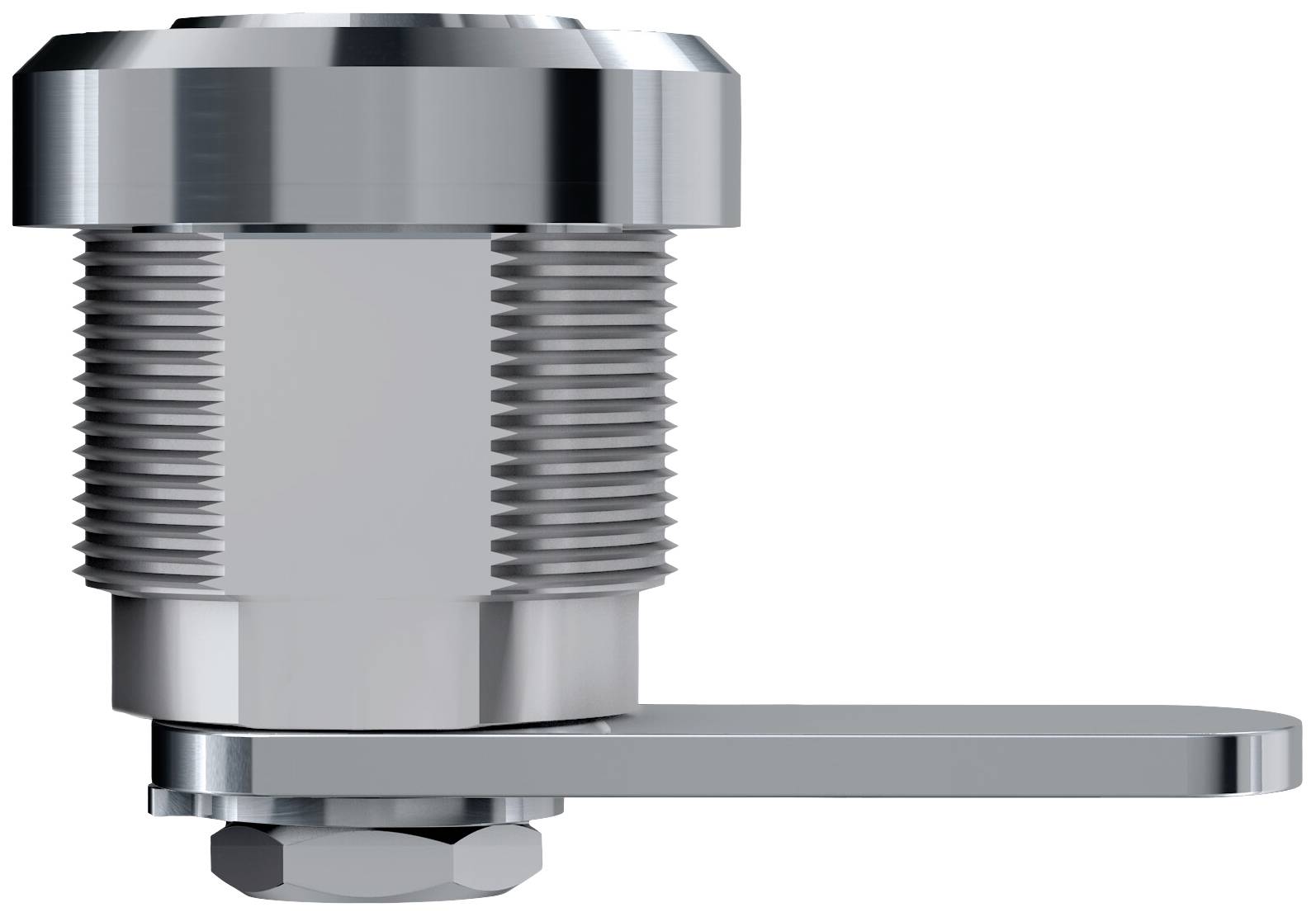 Un obturateur chromé avec un levier plat pointant vers la droite. L'obturateur a un boîtier cylindrique strié.