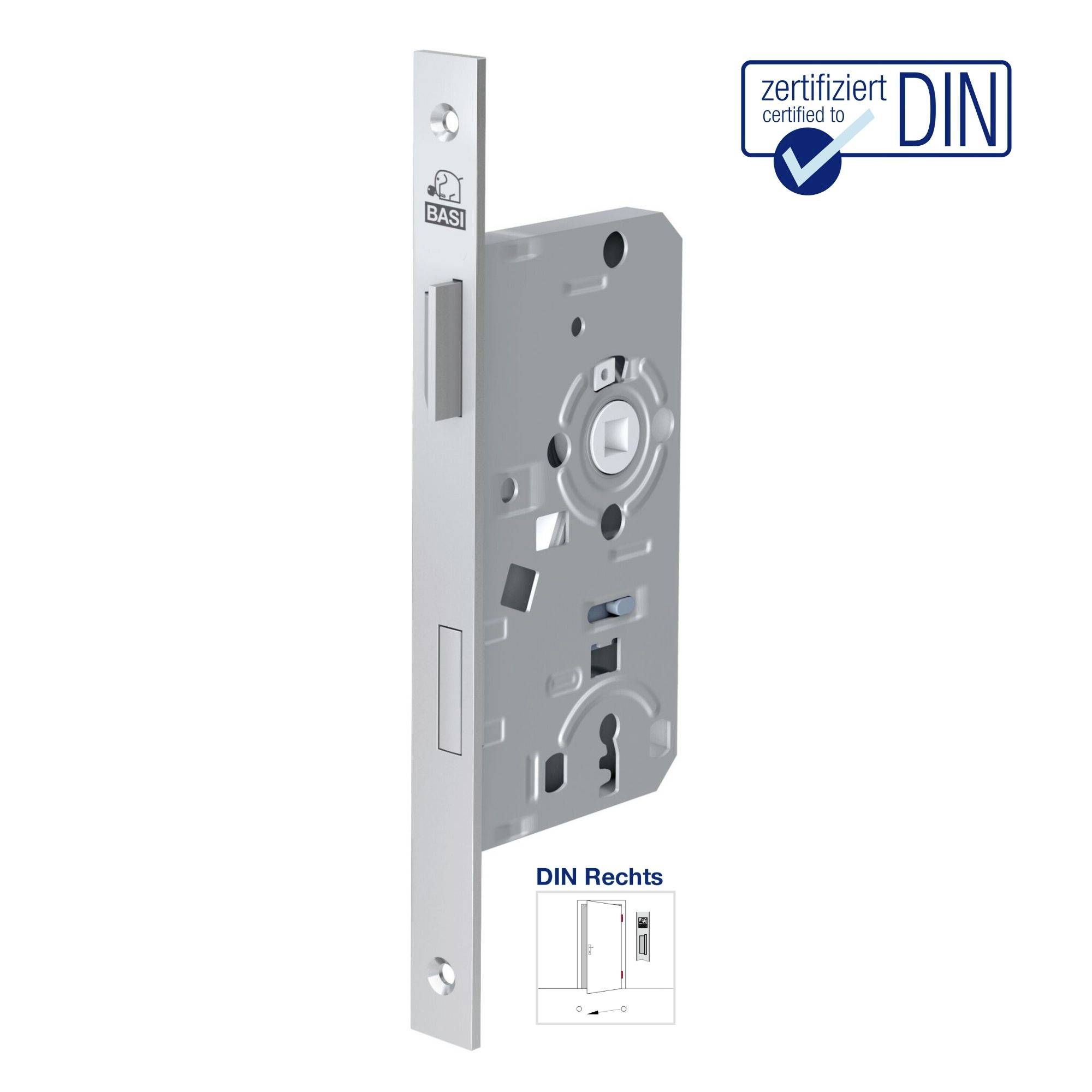 Boîtier de serrure conforme à la norme DIN certifiée, vue de face montrant le côté droit de la serrure, approprié pour les portes DIN-droite.