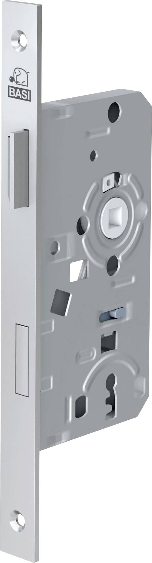 Un verrou à mortaise en métal avec une finition argentée, doté d'une serrure et d'un mécanisme de loquet, souvent utilisé sur les portes intérieures pour la sécurité.