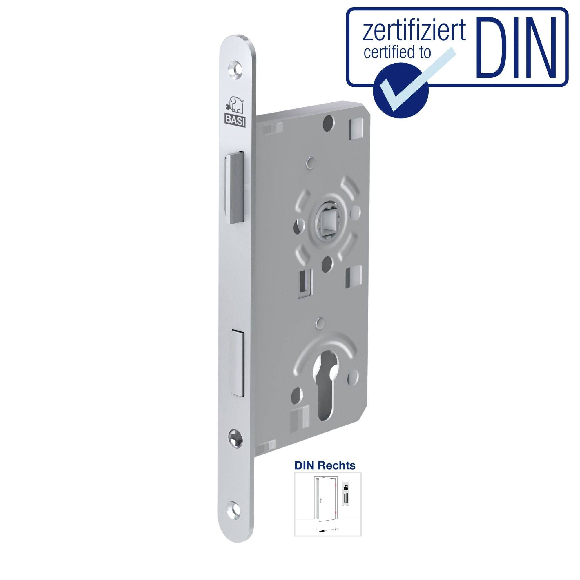 Serrure de porte BASI, certifiée DIN, montrant le trou de clé et la plaque de fermeture. Alignement DIN droite.
