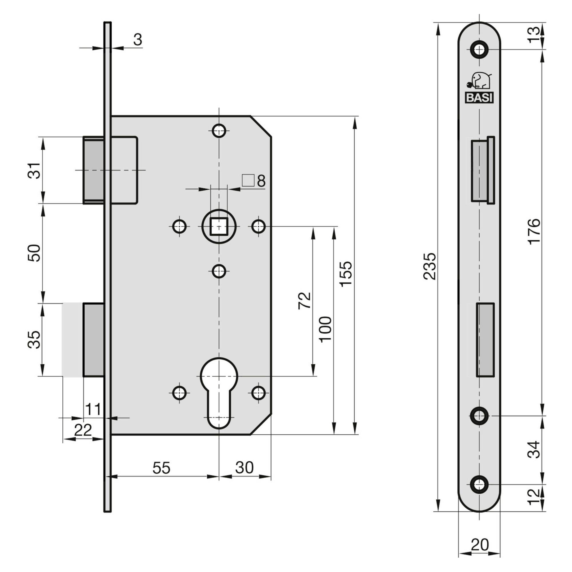 La figure représente un dessin technique d'une serrure de porte avec différentes dimensions de longueur et de hauteur.