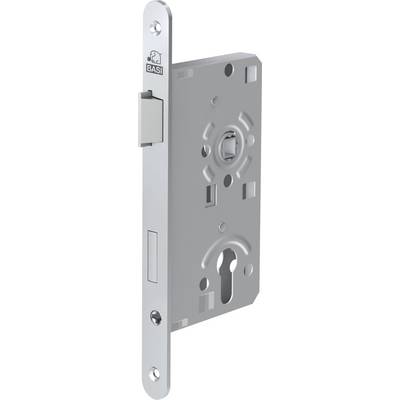 Un mécanisme de serrure de porte en argent avec diverses découpes et une serrure à clé en bas, conçu pour une installation en mortaise.
